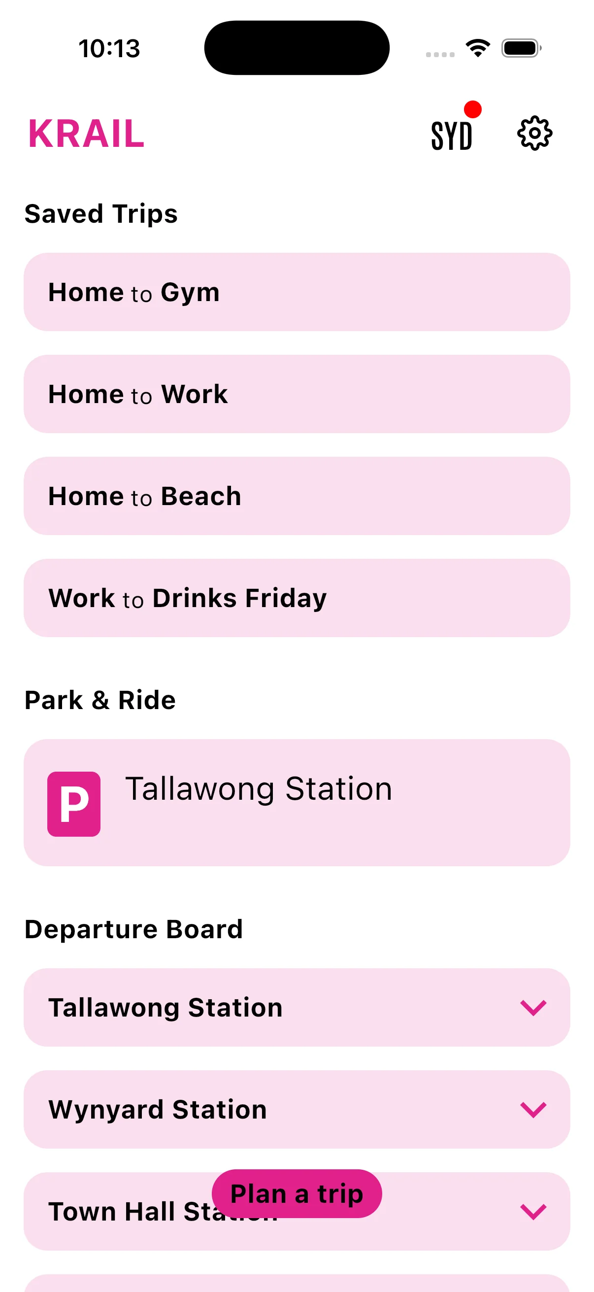 KRAIL: saved trips home screen